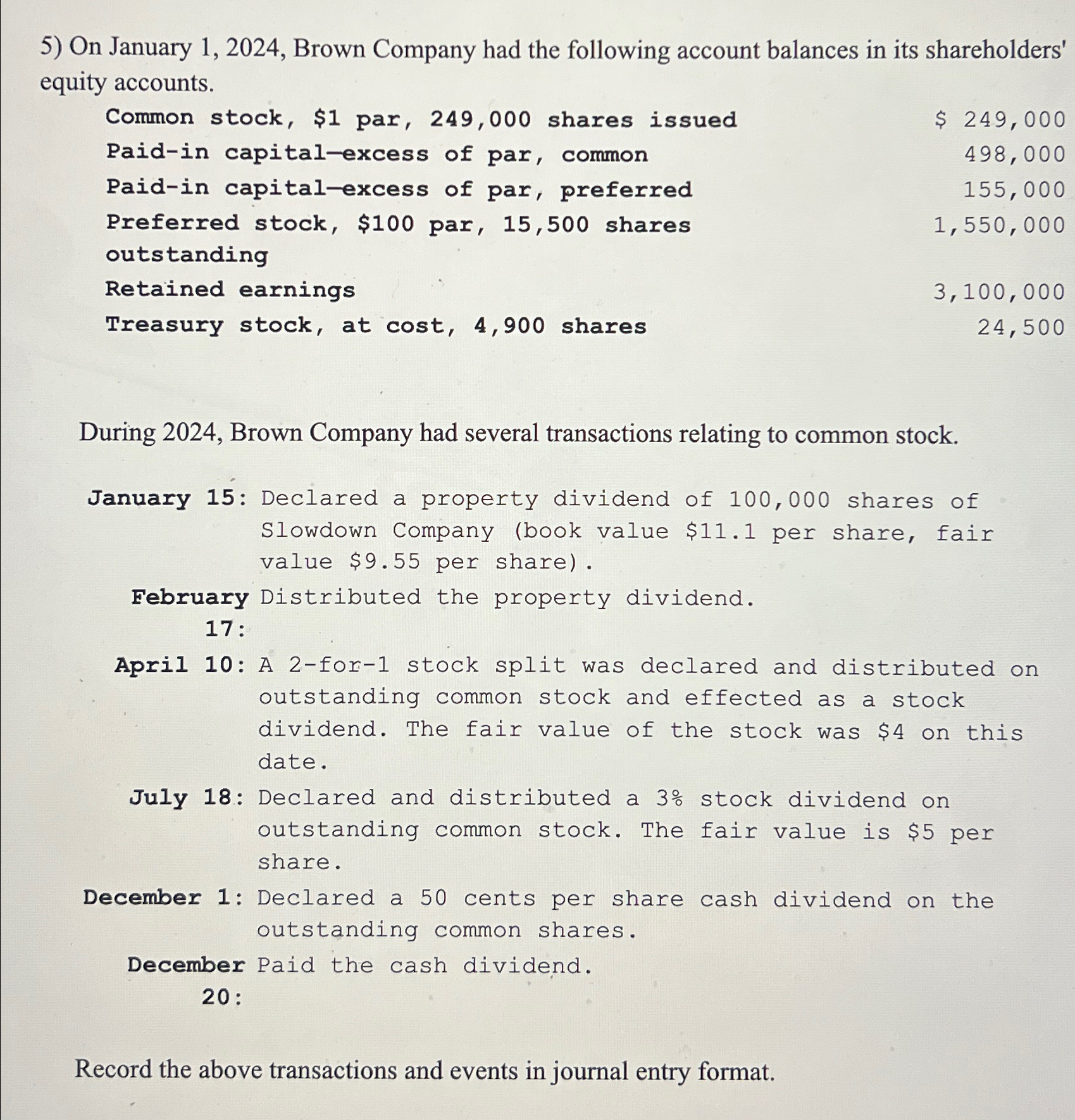  On January 1,2024, Brown Company had the following account balances in