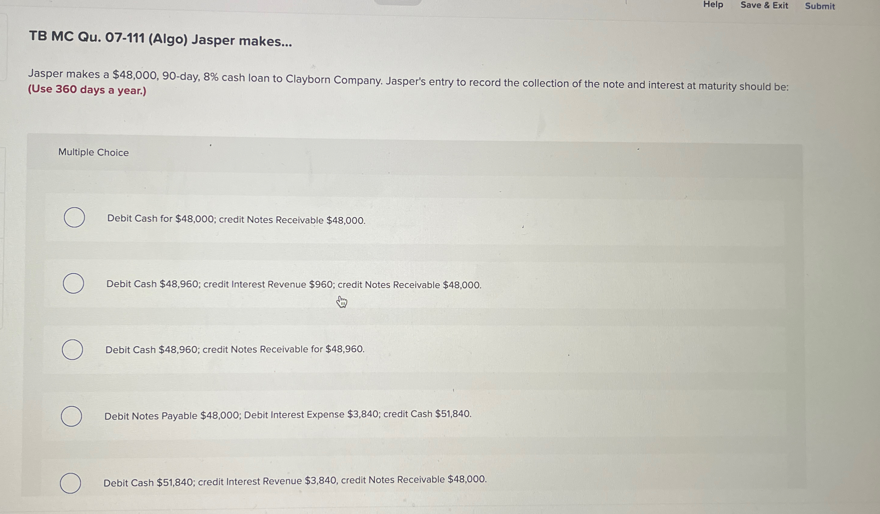  Help Save & Exit Submit TB MC Qu.07-111(Algo) Jasper makes... Jasper