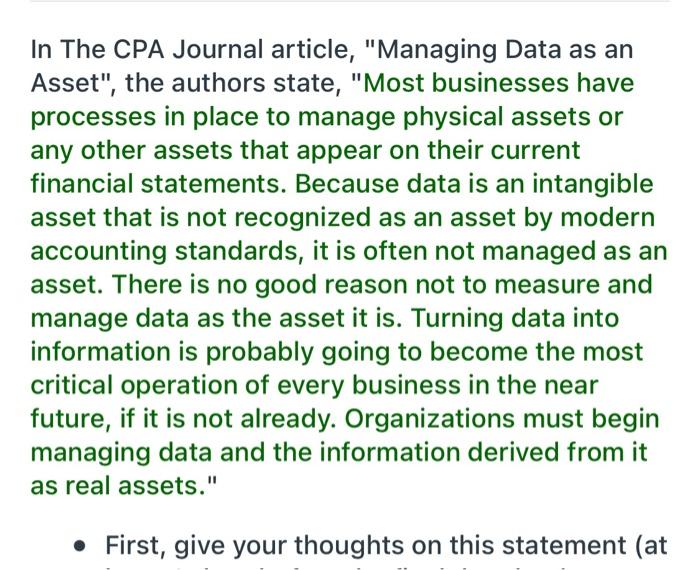  In The CPA Journal article, "Managing Data as an Asset", the