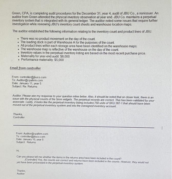  Green, CPA, is completing audit procedures for the December 31 ,