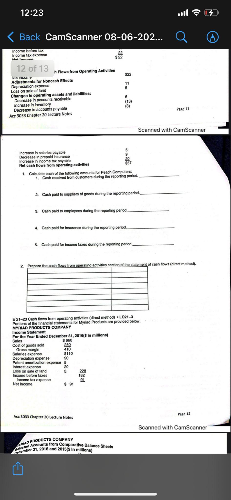 Back CamScanner 08-06-202... Page 11 Scanned with CamScann IncreaseinsalariespayableDecreaseinprepaidinsuranceIncreaseinincometaxpayableNetcashflowsfromoperatingactivities59$5720 1. Calculate