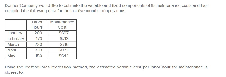  Donner Company would like to estimate the variable and fixed components