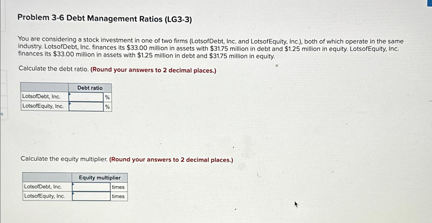  Problem 3-6 Debt Management Ratios (LG3-3) You are considering a stock