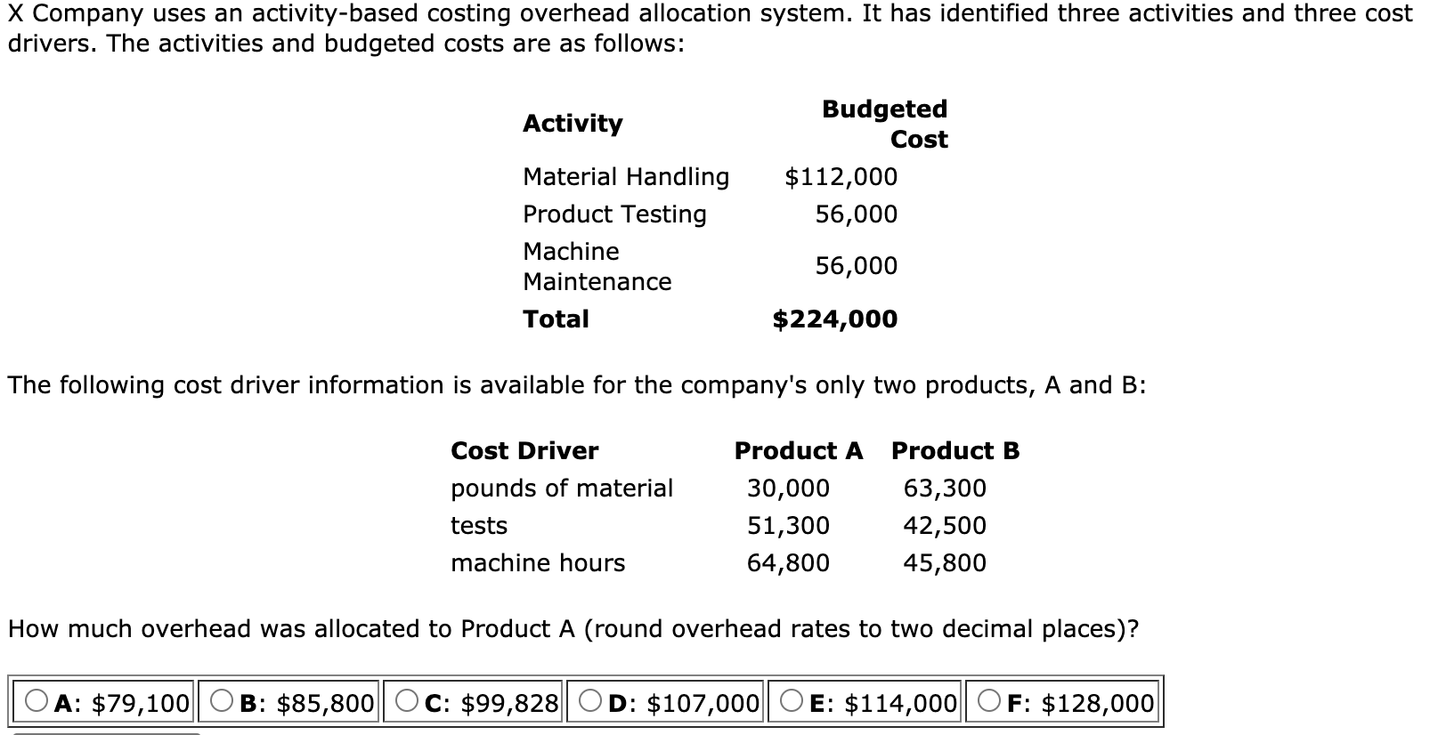  X Company uses an activity-based costing overhead allocation system. It has