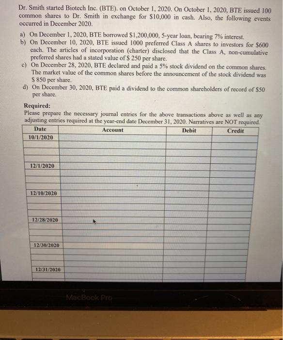  Dr. Smith started Biotech Inc. (BTE). on October 1, 2020. On