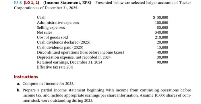  E3.8 (LO 1, 2) (Income Statement, EPS) Presented below are selected