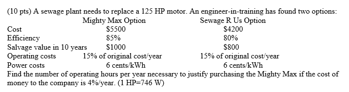 (10 pts) A sewage plant needs to replace a 125 HP