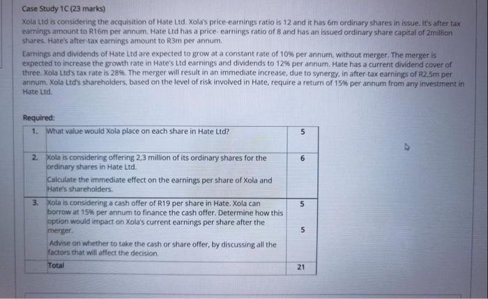 Case Study IC (23 marks) Xola Ltd is considering the acquisition
