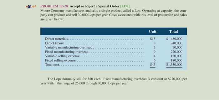  eXcel PROBLEM 12-28 Accept or Reject a Special Order (LO2] Moore