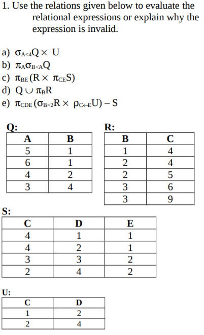 1. Use the relations given below to evaluate the relational expressions