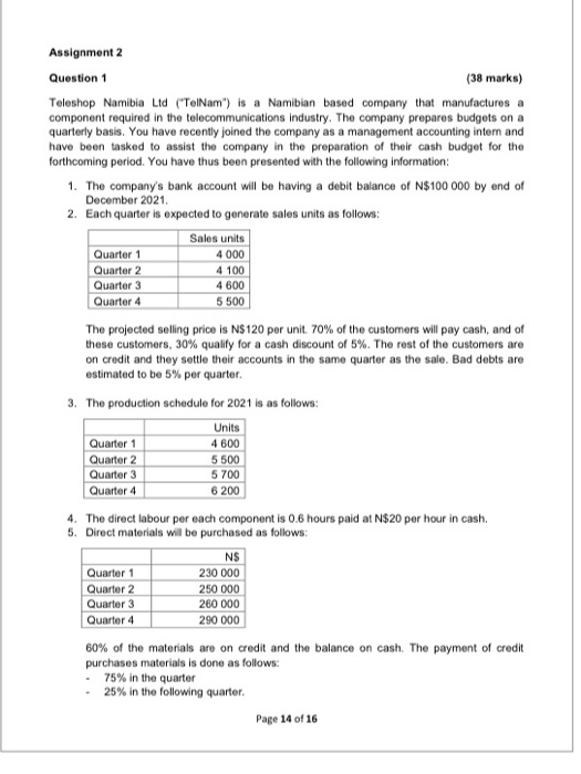  Assignment 2 Question 1 (38 marks) Teleshop Namibia Ltd ("TelNam") is