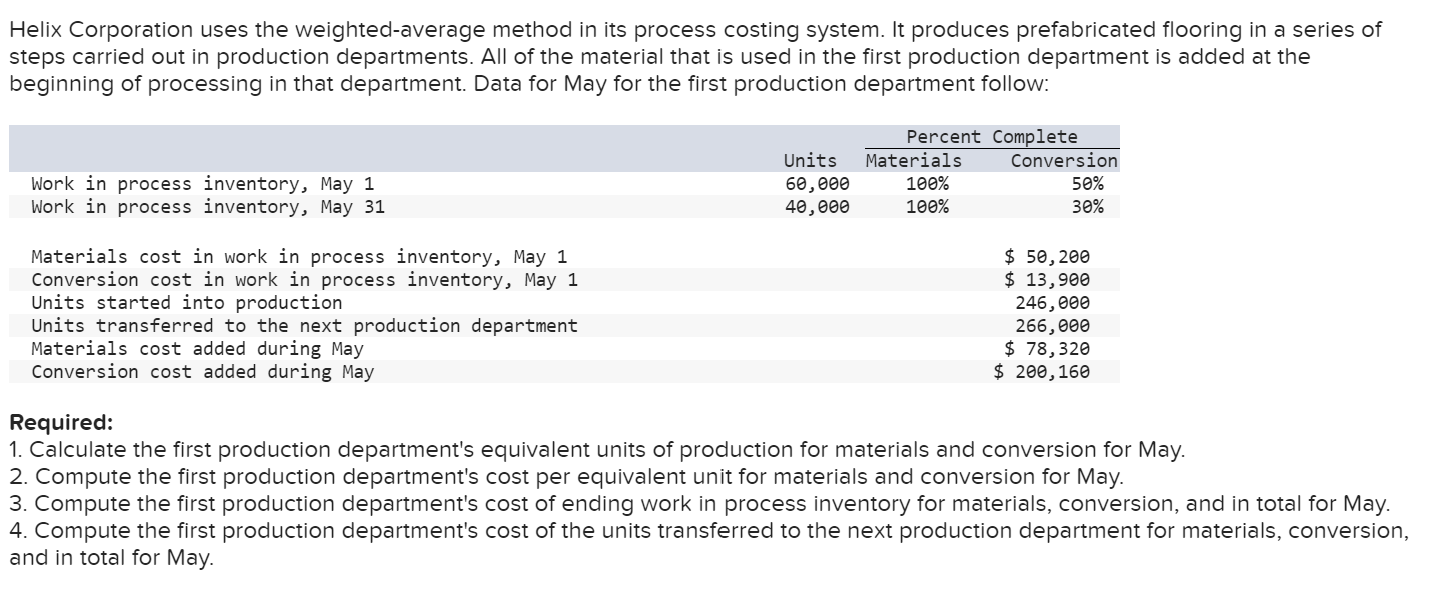  Helix Corporation uses the weighted-average method in its process costing system.