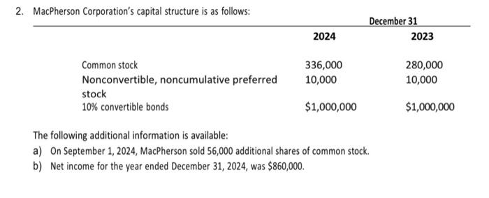  McPherson Corporation's capital structure is as follows: INSTRUCTIONS: Compute basic EPS