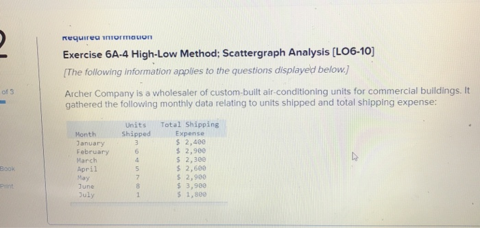 requirea iniormaion Exercise 6A-4 High-Low Method: Scattergraph Analysis [L06-10] The following