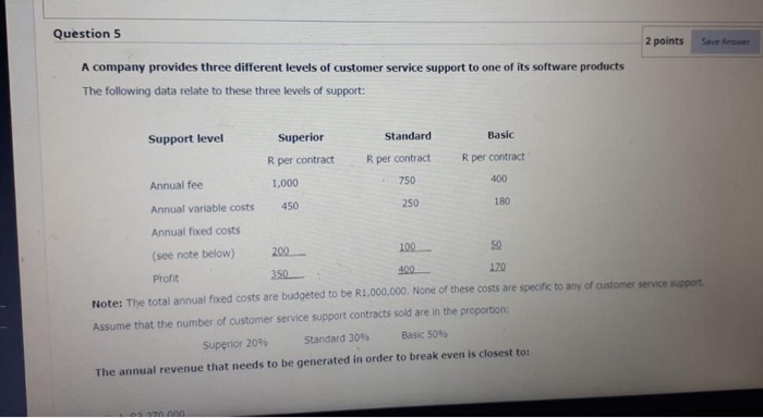  Question 5 2 points Save Answer A company provides three different