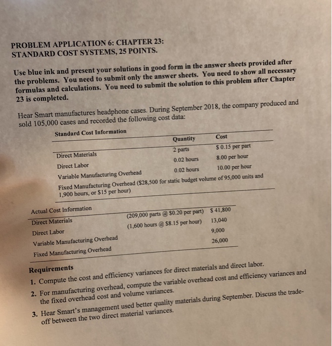  PROBLEM APPLICATION 6: CHAPTER 23: STANDARD COST SYSTEMS, 25 POINTS. Use