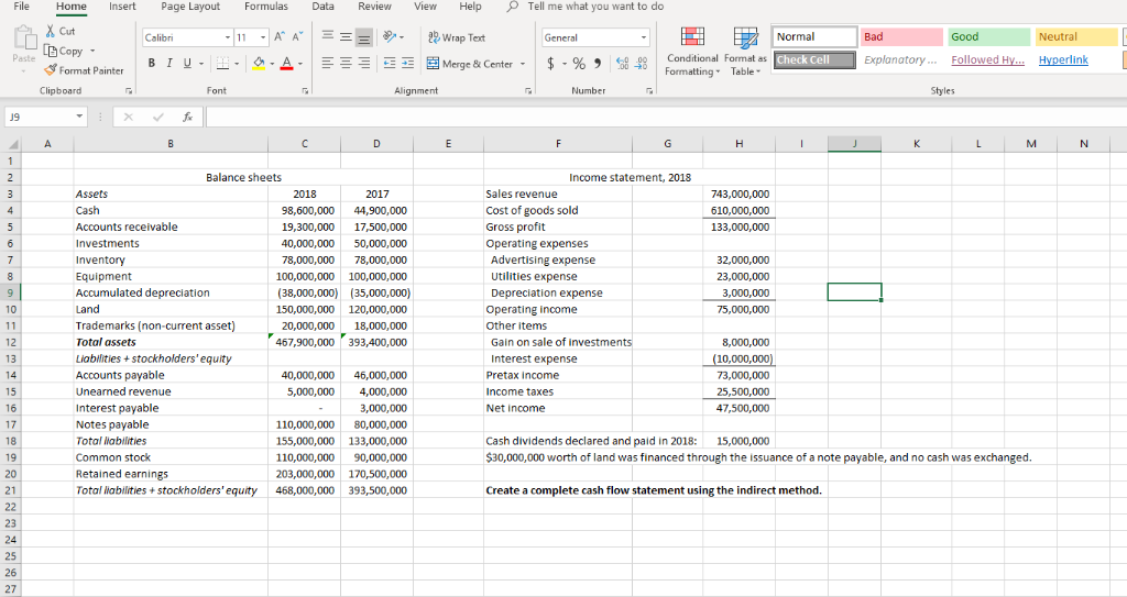 Create a complete cash flow statement using the indirect method File Home