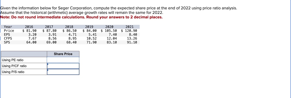  Given the information below for Seger Corporation, compute the expected share