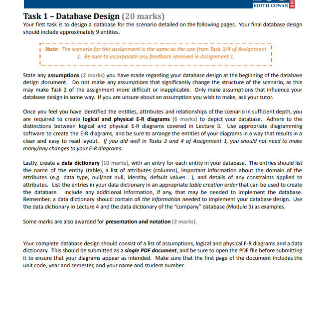  Task 1- Database Design (20 marks) Your first task is to