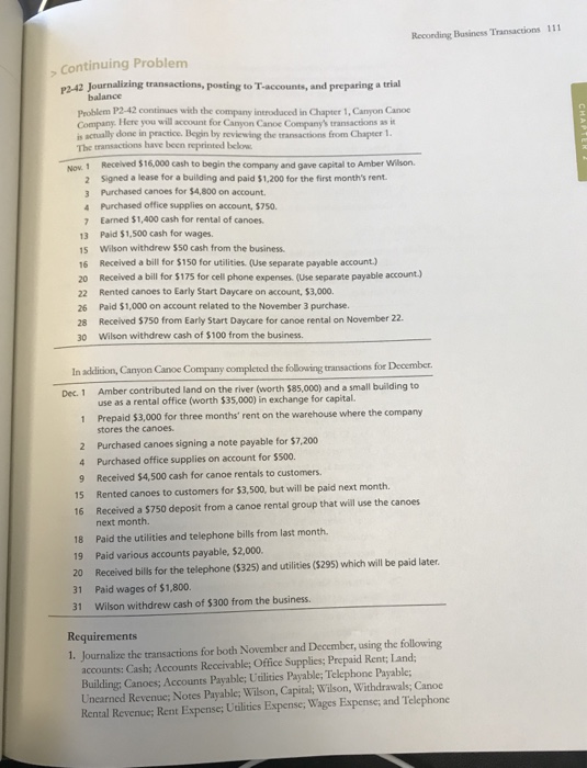  Reconding Business Tranactions 111 Continuing Problem P2-42 Journalizing transactions, posting to