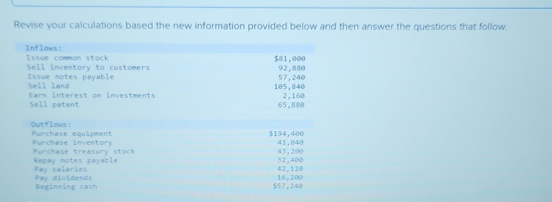 Revise your calculations based the new information provided below and then