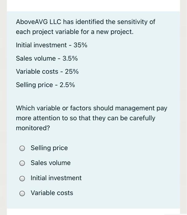  AboveAVG LLC has identified the sensitivity of each project variable for