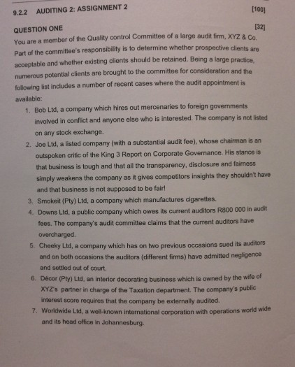  9.2.2 AUDITING 2: ASSIGNMENT 2 [100] QUESTION ONE [32] You are