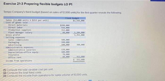  Exercise 21-3 Preparing flexible budgets LO P1 Tempo Company's fixed budget