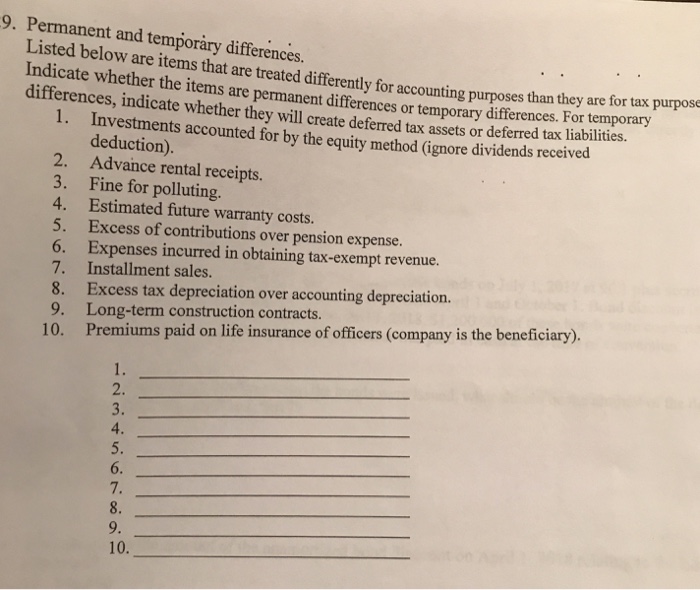  9. Permanent and temporry differences. Listed below are items that are