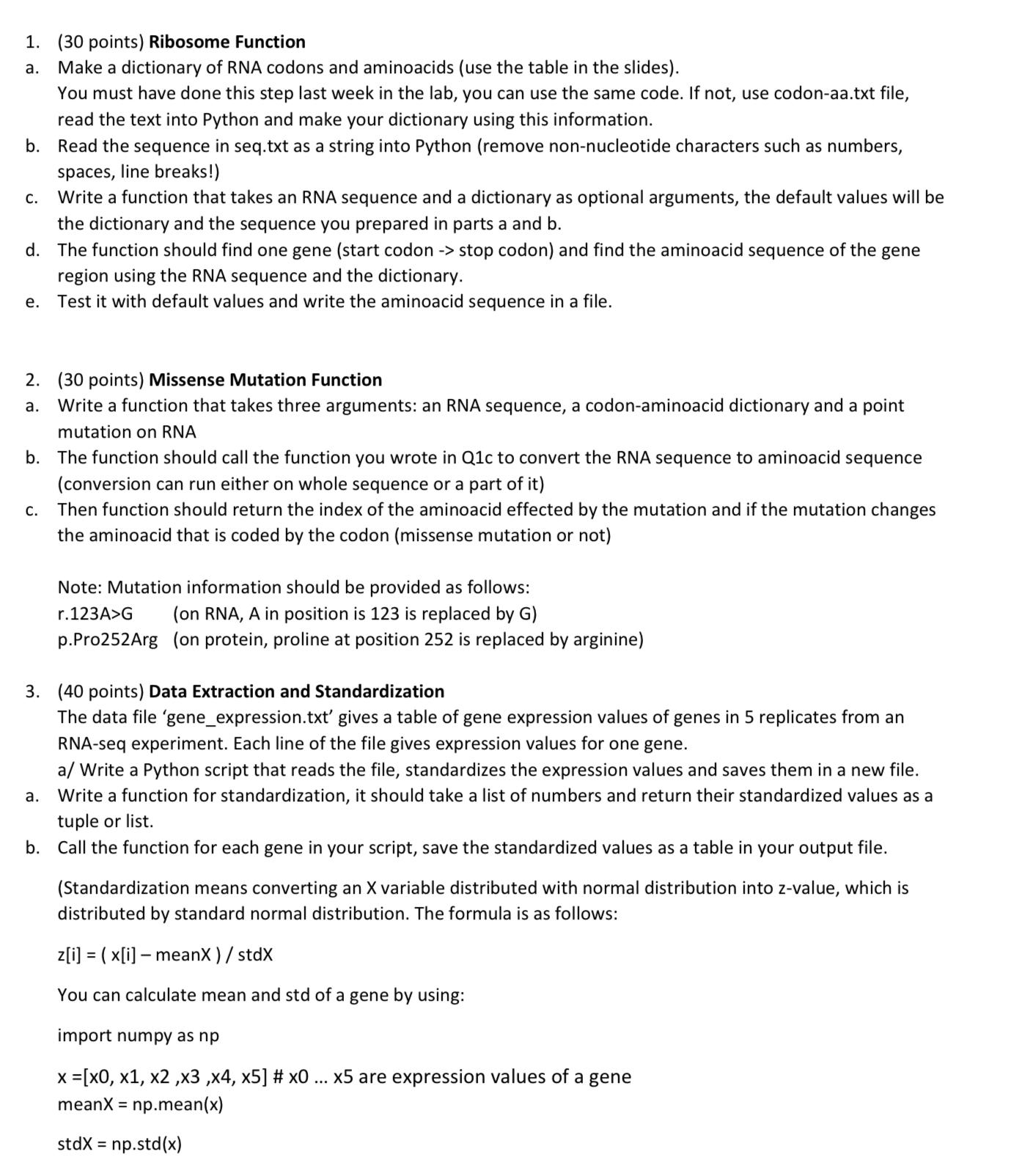  (30 points) Ribosome Function a. Make a dictionary of RNA codons
