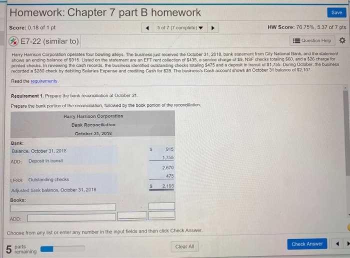 Please fill in all the requirements. Save Homework: Chapter 7 part B