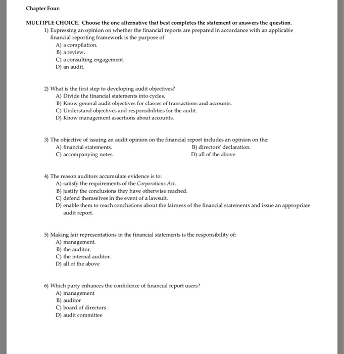 Chapter Four MULTIPLE CHOICE. Choose the one alternative that best completes