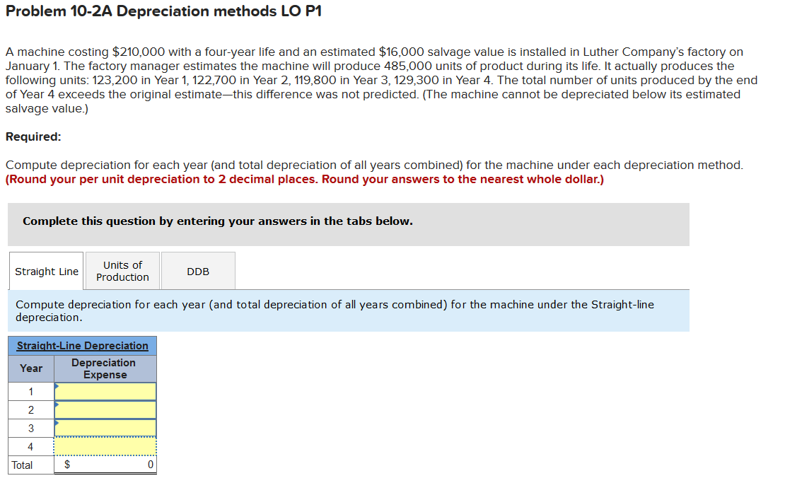 Problem 10-2A Depreciation methods LO P1 A machine costing $210,000 with