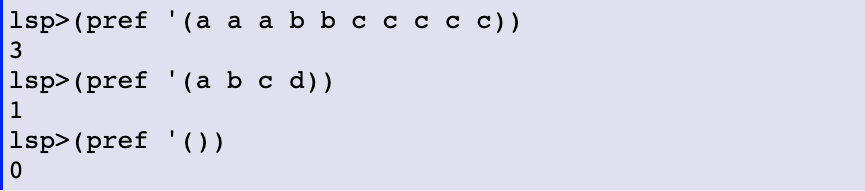 In Lisp programming language. Make a function pref which tells the number