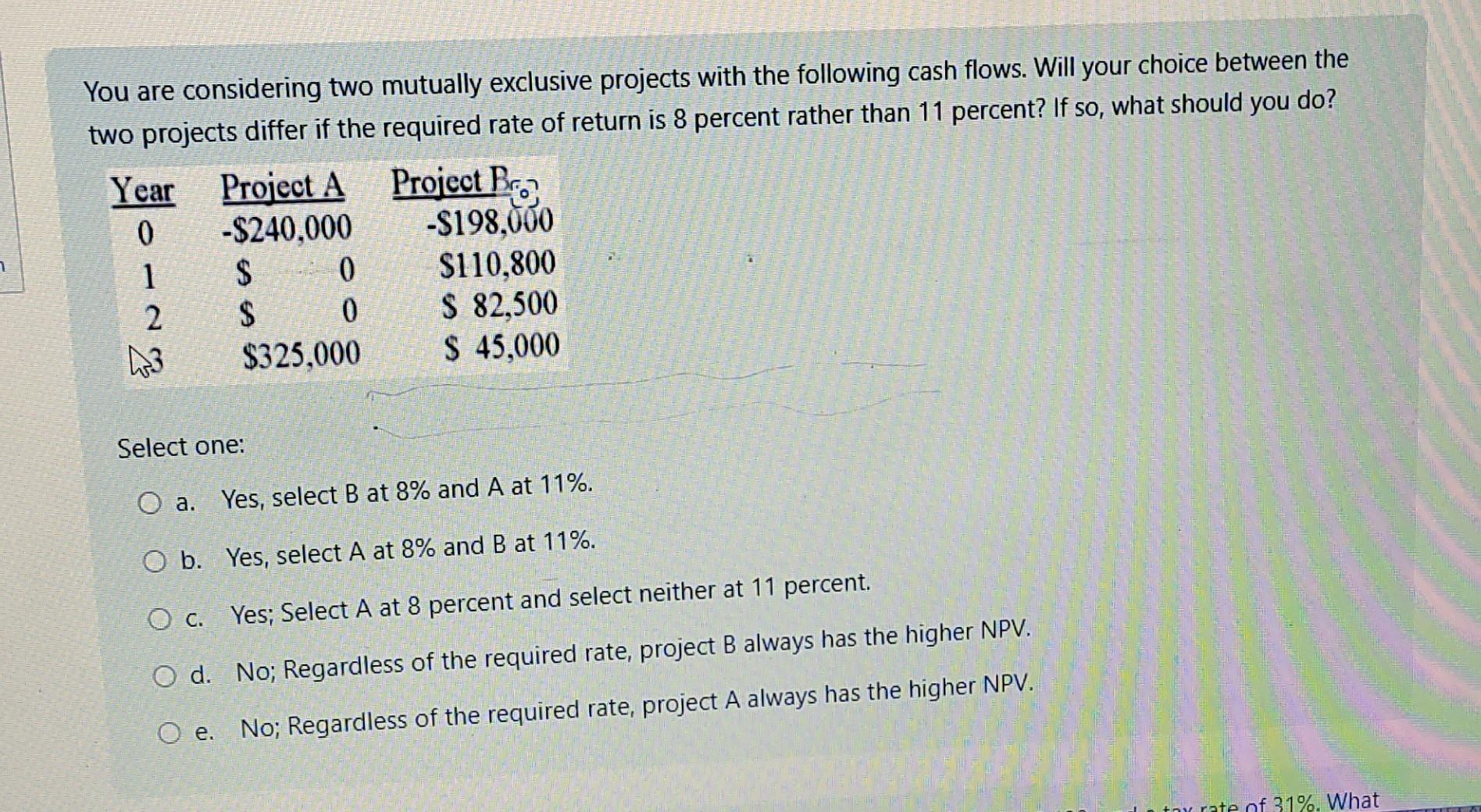 You are considering two mutually exclusive projects with the following cash
