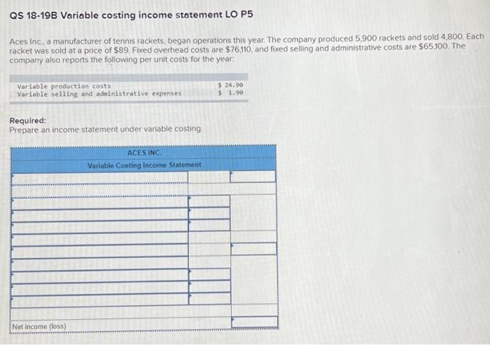  QS 18-19B Variable costing income statement LO P5 Aces inc., a