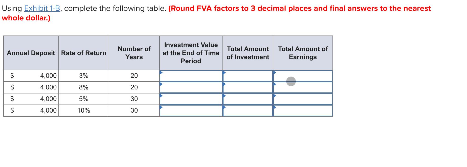  Using Exhibit 1-B, complete the following table. (Round FVA factors to
