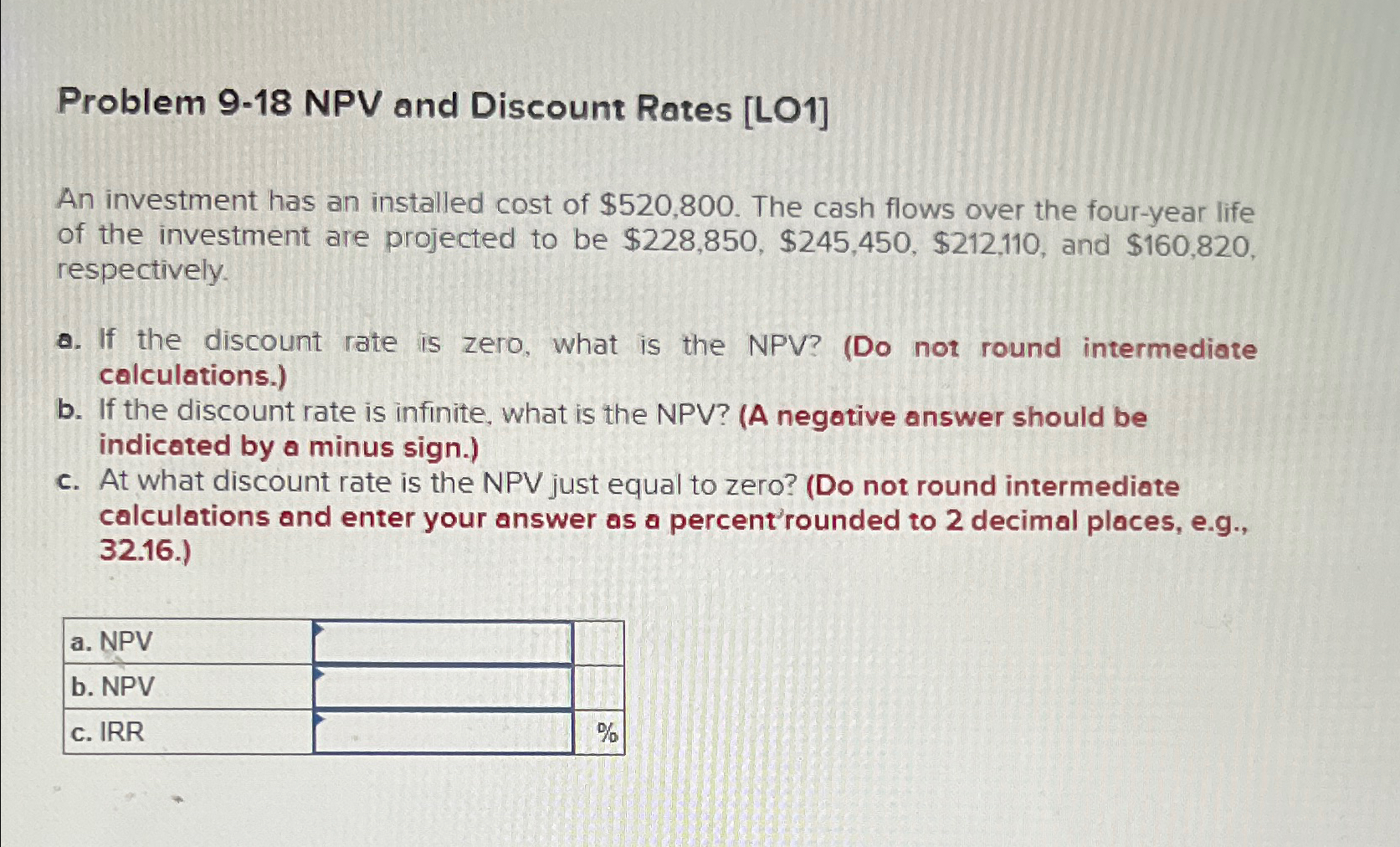  Problem 9-18 NPV and Discount Rates [LO1] An investment has an