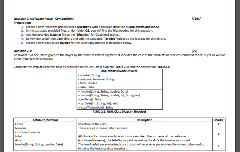  Table 2.2: Class Description (Invoice) Question 2.2: In the main() method