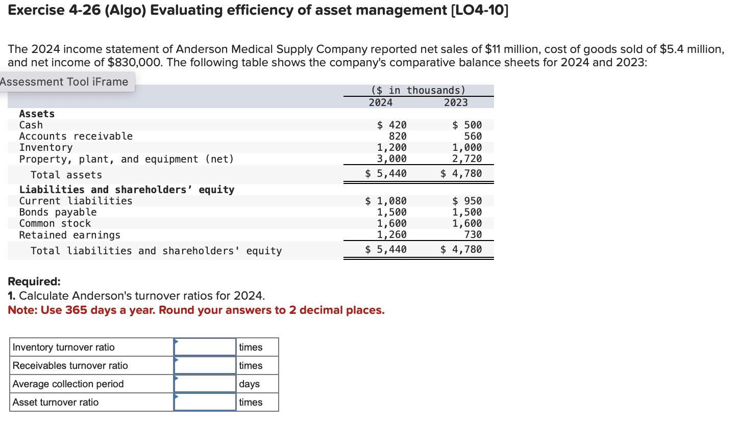  Calculate Anderson's turnover ratios for 2024. 