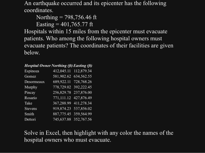 please solve asap solve using excel please An earthquake occurred and its