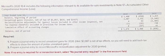 1 chp 12 high anaylsis case Microsoft's 202010K includes the following information