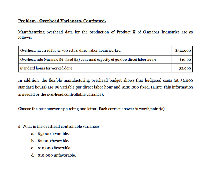  Problem - Overhead Variances, Continued. Manufacturing overhead data for the production