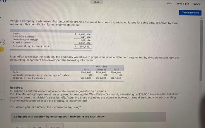  Seved Help Save & Exit Submit Check my work Wingate Company,