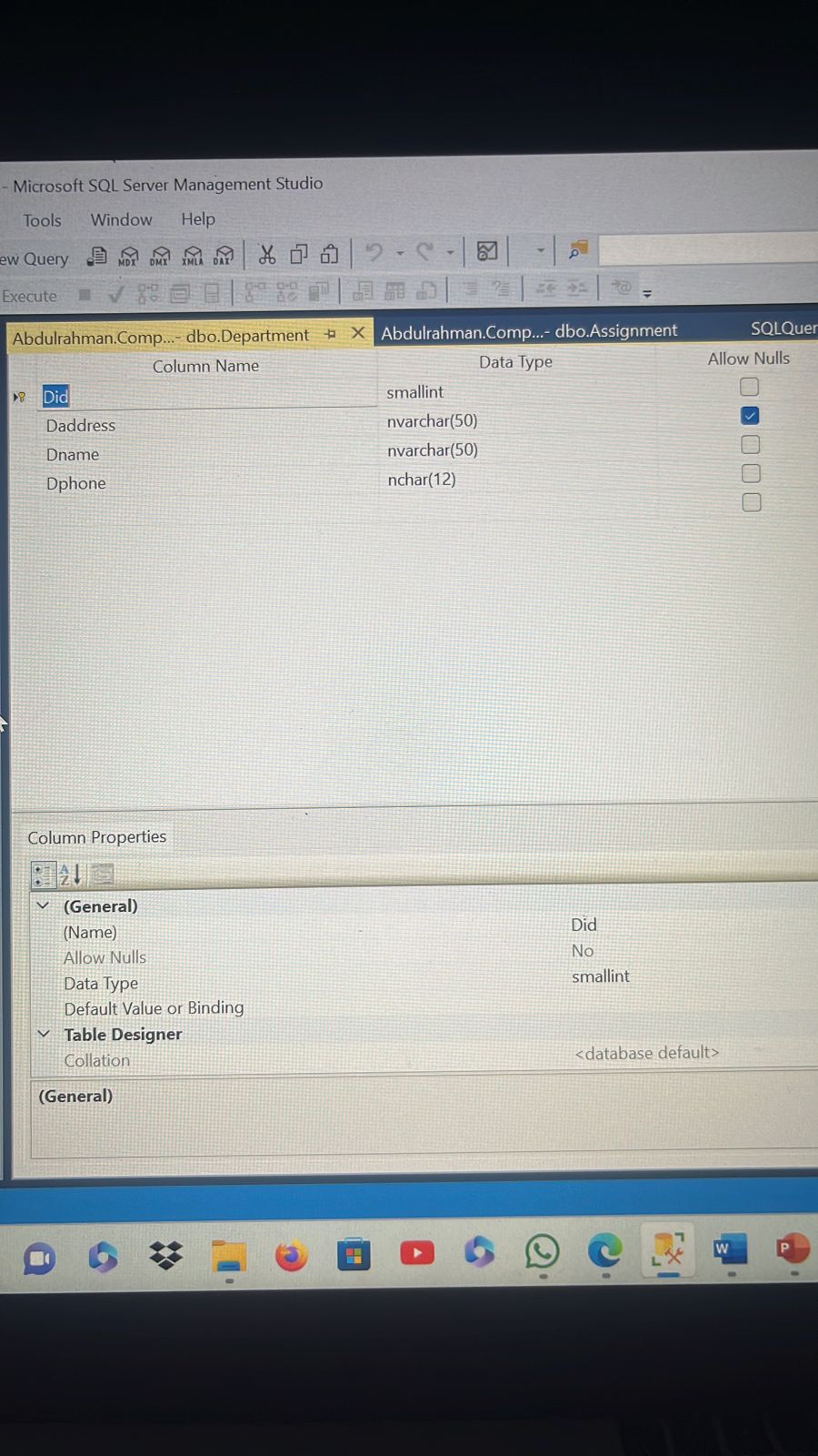 1- list all unfinished(under process) work assignments within a specific department ID.