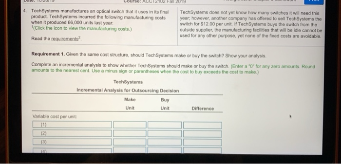 Lourse: ALLITU Fall 2019 4. TechSystems manufactures an optical switch that