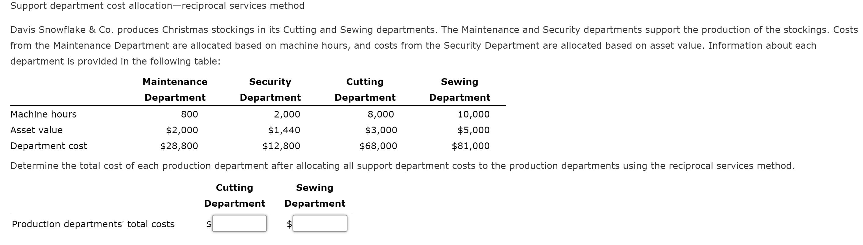 Support department cost allocation-reciprocal services method Davis Snowflake & Co. produces