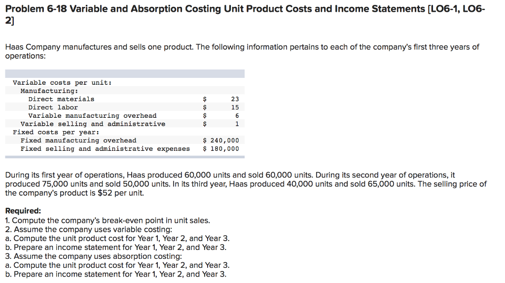  Problem 6-18 Variable and Absorption Costing Unit Product Costs and Income
