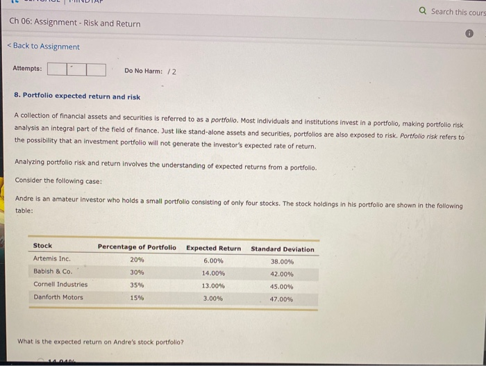  Q Search this cours Ch 06: Assignment - Risk and Return