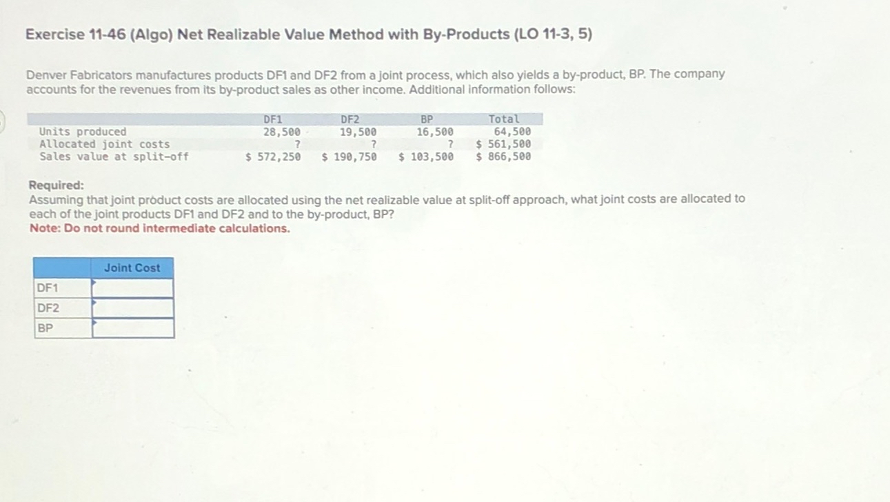  Exercise 11-46(Algo) Net Realizable Value Method with By-Products (LO 11-3,5) Denver